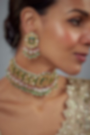 Gold Finish Kundan Polki Choker Necklace Set by Vivinia By Vidhi Mehra at Pernia's Pop Up Shop