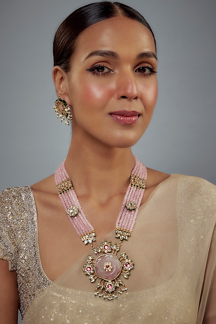 Gold Finish Kundan Polki Long Necklace Set by Vivinia By Vidhi Mehra at Pernia's Pop Up Shop