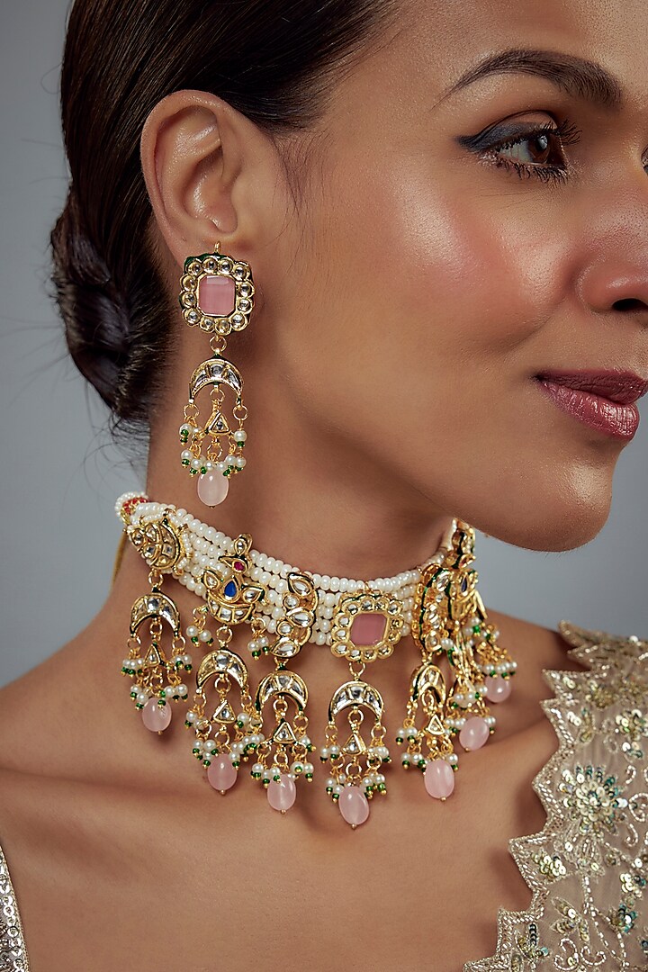 Gold Finish Kundan Polki Choker Necklace Set by Vivinia By Vidhi Mehra at Pernia's Pop Up Shop