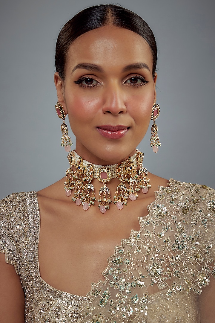 Gold Finish Kundan Polki Choker Necklace Set by Vivinia By Vidhi Mehra at Pernia's Pop Up Shop