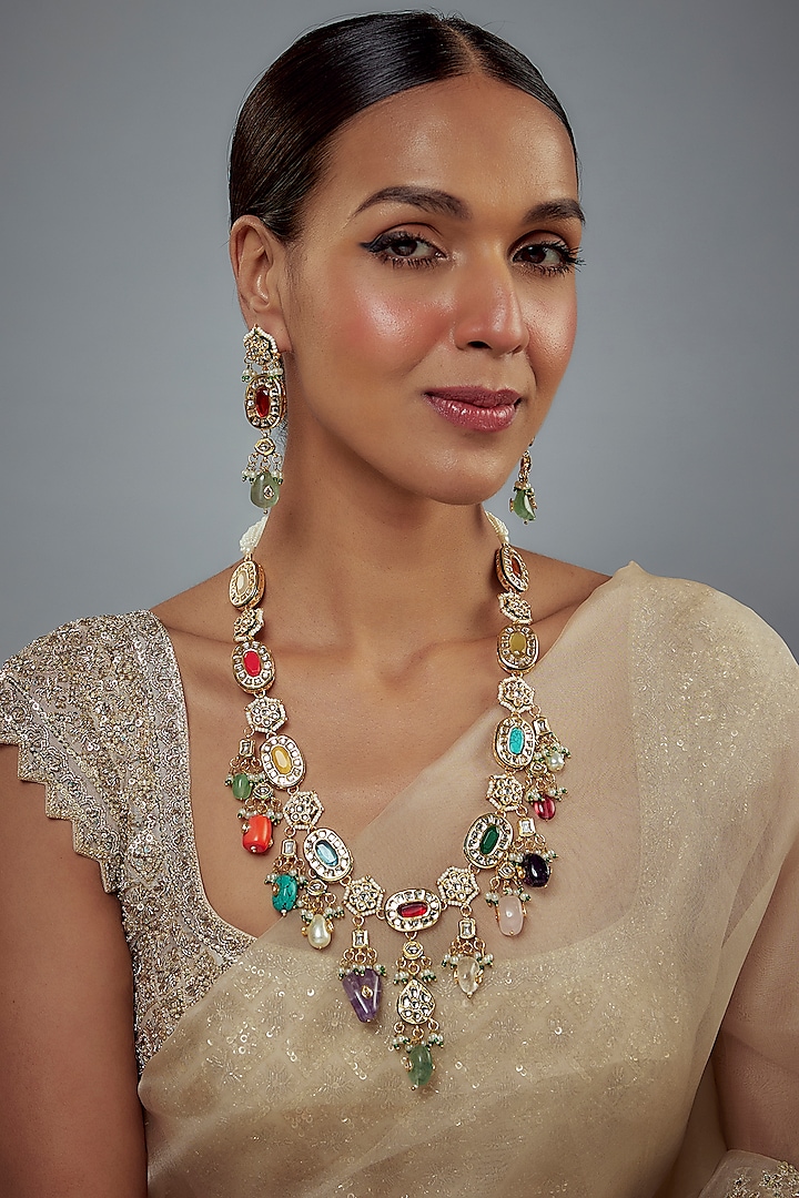 Gold Finish Zircon & Ruby Stone Long Necklace Set by Vivinia By Vidhi Mehra at Pernia's Pop Up Shop