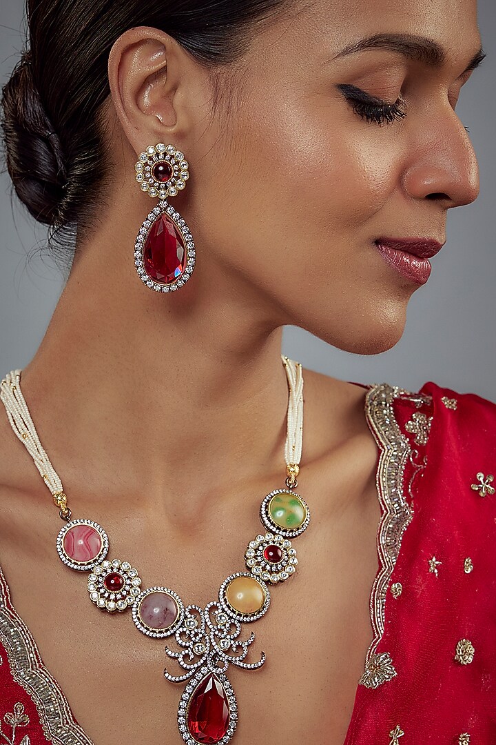 Gold Finish Zircon & Ruby Stone Long Necklace Set by Vivinia By Vidhi Mehra at Pernia's Pop Up Shop