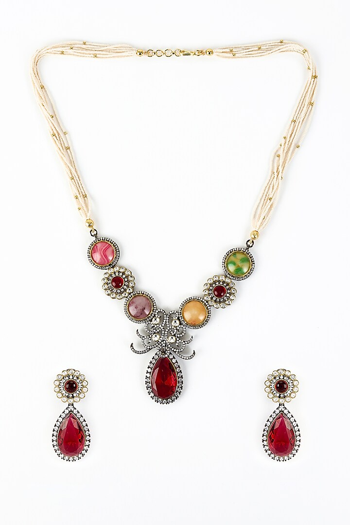 Gold Finish Zircon & Ruby Stone Long Necklace Set by Vivinia By Vidhi Mehra at Pernia's Pop Up Shop