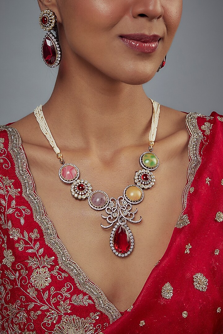 Gold Finish Zircon & Ruby Stone Long Necklace Set by Vivinia By Vidhi Mehra at Pernia's Pop Up Shop