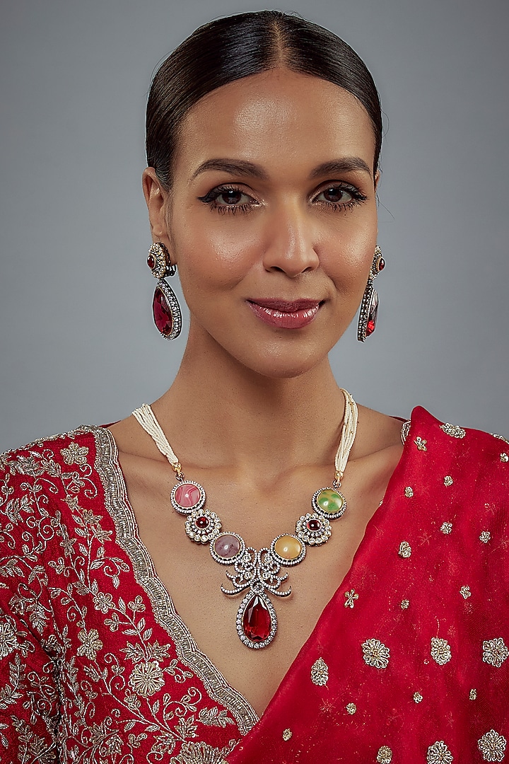 Gold Finish Zircon & Ruby Stone Long Necklace Set by Vivinia By Vidhi Mehra at Pernia's Pop Up Shop