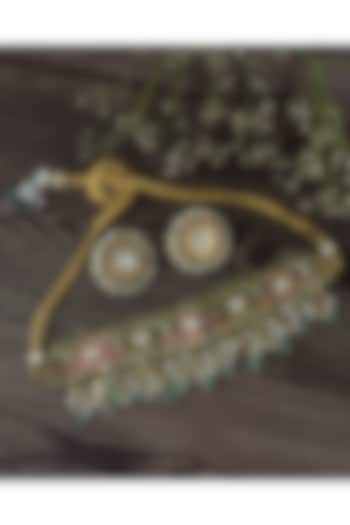 Gold Finish Kundan Polki Enameled Choker Necklace Set by Vivinia By Vidhi Mehra at Pernia's Pop Up Shop