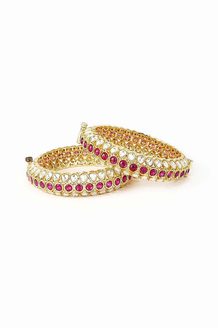 Gold Finish Kundan Polki Bangles (Set Of 2) by Vivinia By Vidhi Mehra at Pernia's Pop Up Shop