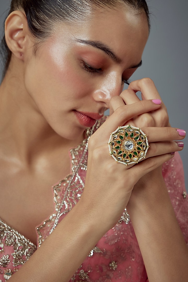 Gold Finish Kundan Polki & Pearl Ring by Vivinia By Vidhi Mehra at Pernia's Pop Up Shop