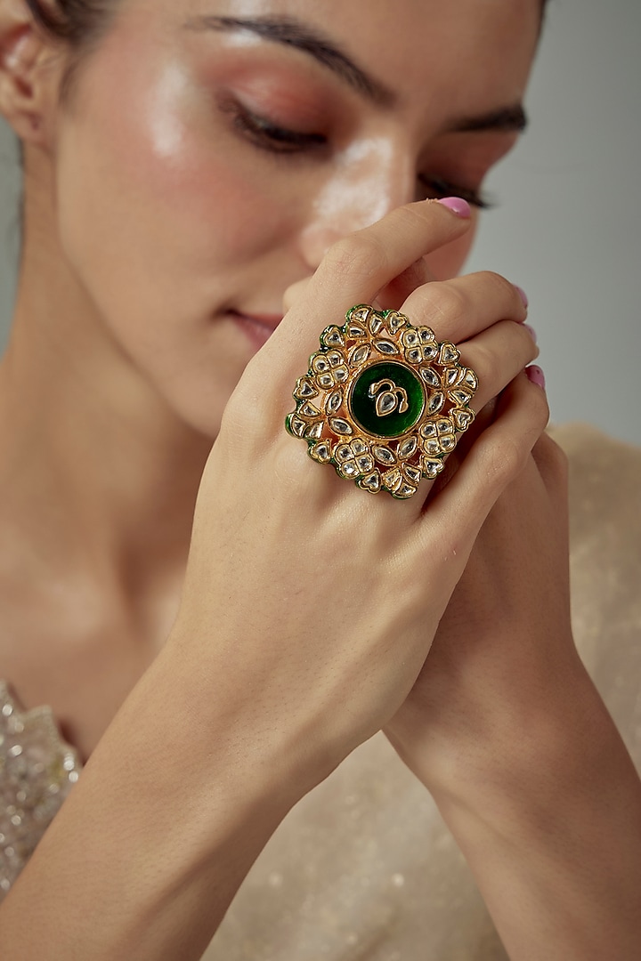 Gold Finish Kundan Polki Ring by Vivinia By Vidhi Mehra at Pernia's Pop Up Shop