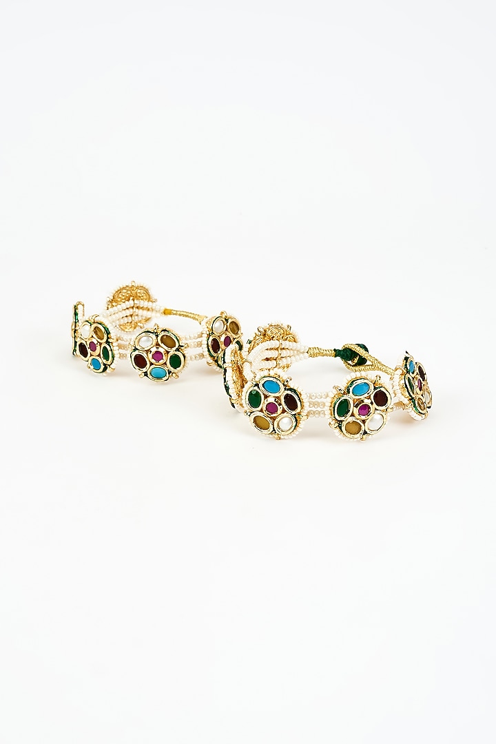 Gold Finish Kundan Polki Bangles (Set Of 2) by Vivinia By Vidhi Mehra at Pernia's Pop Up Shop