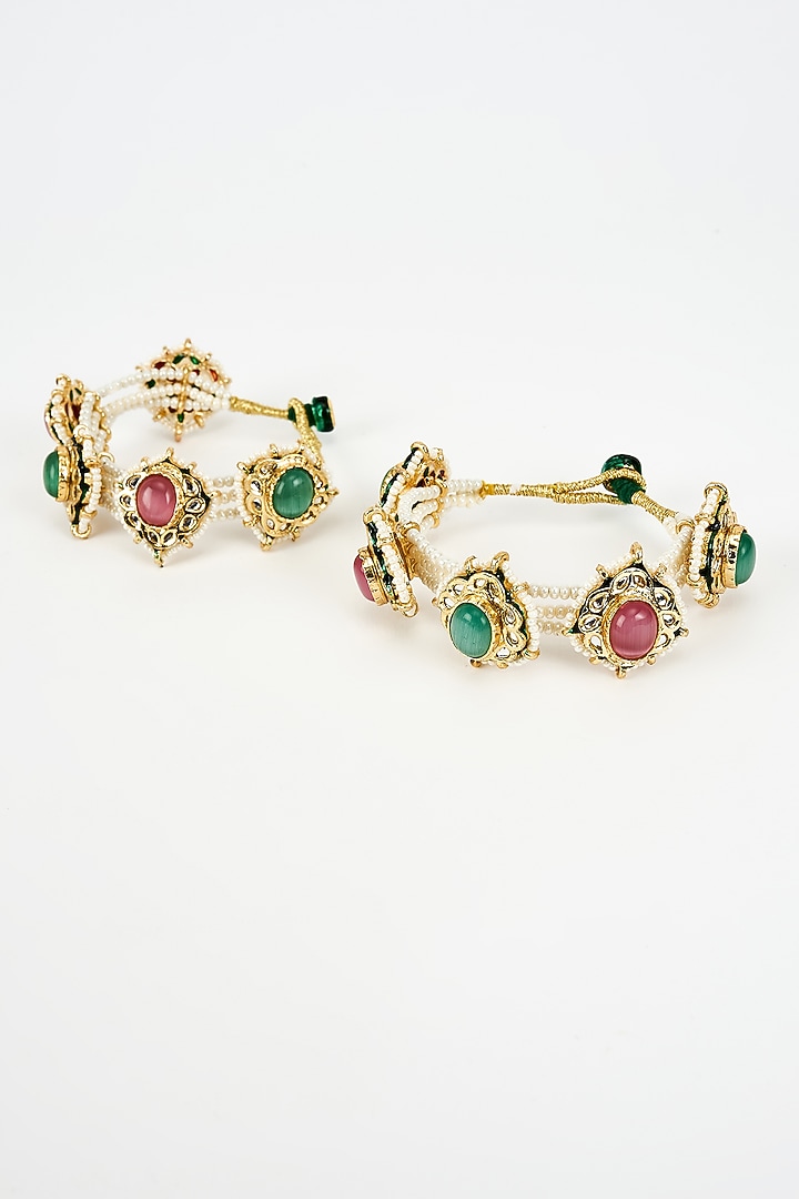 Gold Finish Kundan Polki Bangles (Set Of 2) by Vivinia By Vidhi Mehra at Pernia's Pop Up Shop