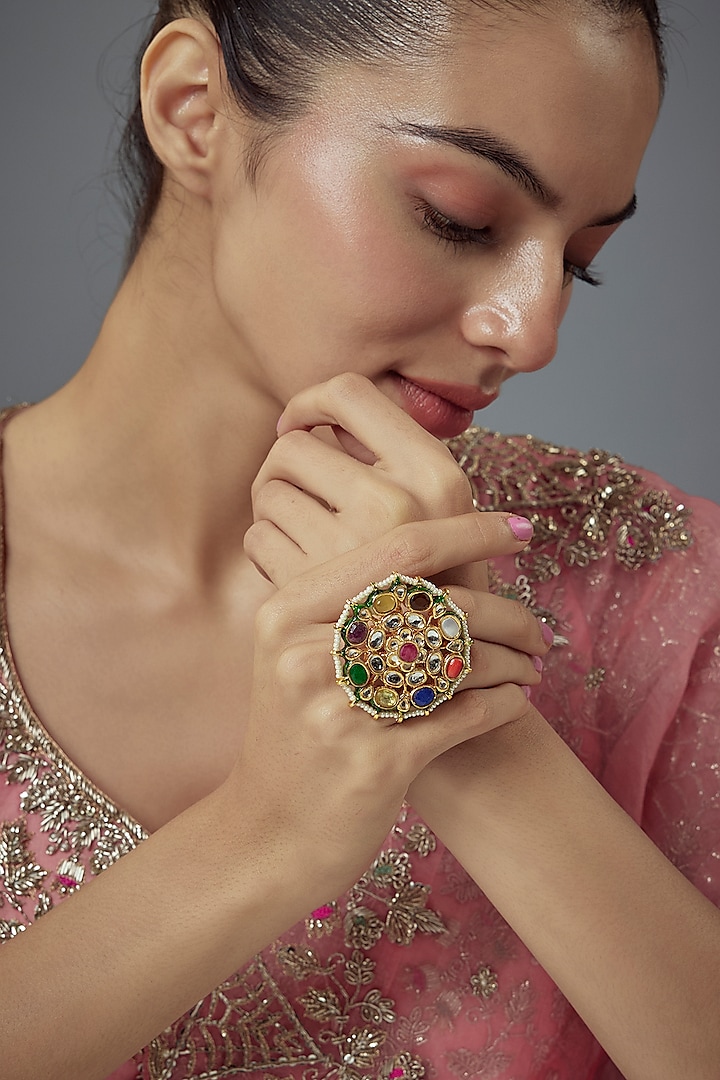 Gold Finish Kundan Polki & Pearl Meenakari Adjustable Ring by Vivinia By Vidhi Mehra at Pernia's Pop Up Shop