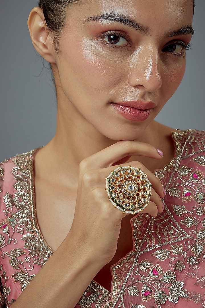 Gold Finish Kundan Polki & Pearl Meenakari Adjustable Ring by Vivinia By Vidhi Mehra at Pernia's Pop Up Shop