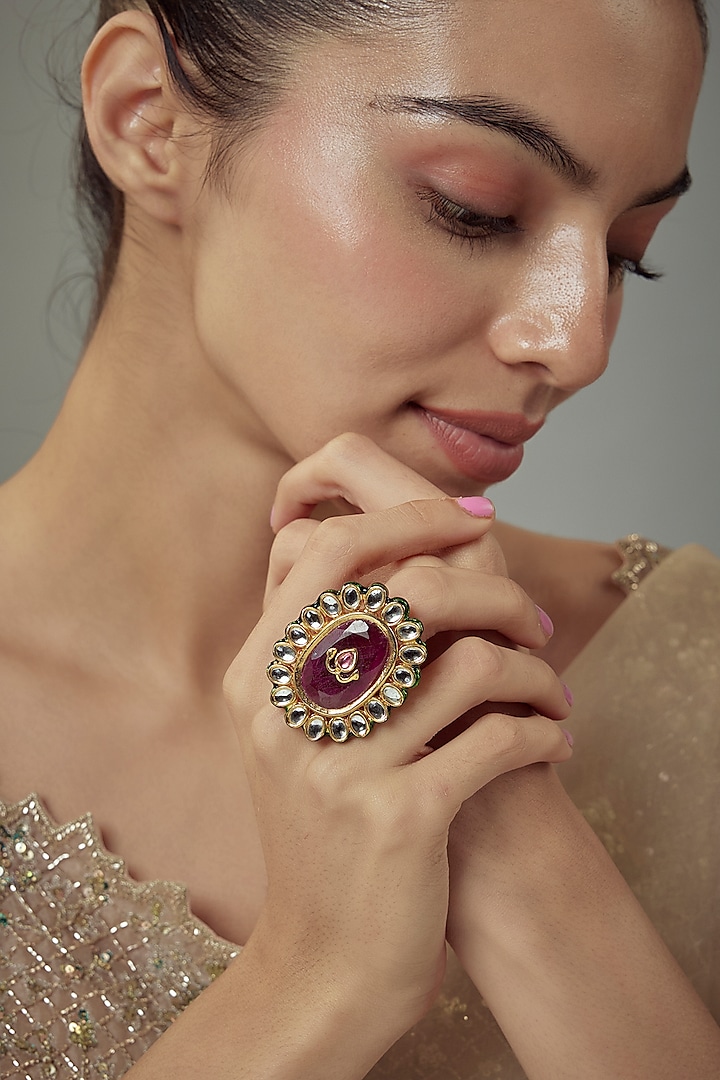 Gold Finish Kundan Polki & Pearl Meenakari Adjustable Ring by Vivinia By Vidhi Mehra at Pernia's Pop Up Shop