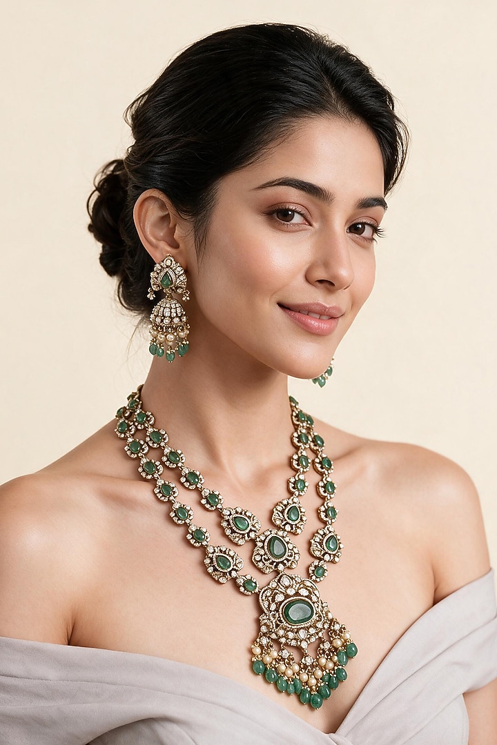 Gold Plated Kundan Polki & Sage Green Stone Long Pendant Necklace Set by Vivinia By Vidhi Mehra at Pernia's Pop Up Shop