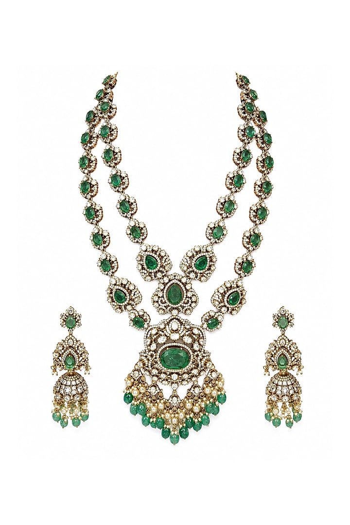 Gold Plated Kundan Polki & Sage Green Stone Long Pendant Necklace Set by Vivinia By Vidhi Mehra at Pernia's Pop Up Shop