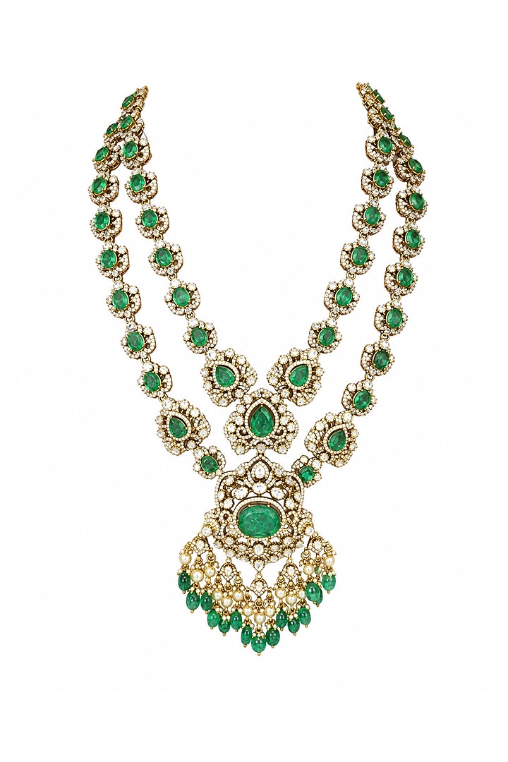 Gold Plated Kundan Polki & Sage Green Stone Long Pendant Necklace Set by Vivinia By Vidhi Mehra at Pernia's Pop Up Shop