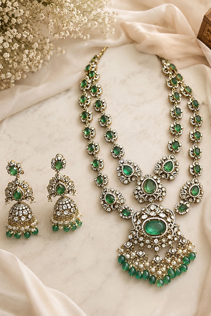 Gold Plated Kundan Polki & Sage Green Stone Long Pendant Necklace Set by Vivinia By Vidhi Mehra at Pernia's Pop Up Shop