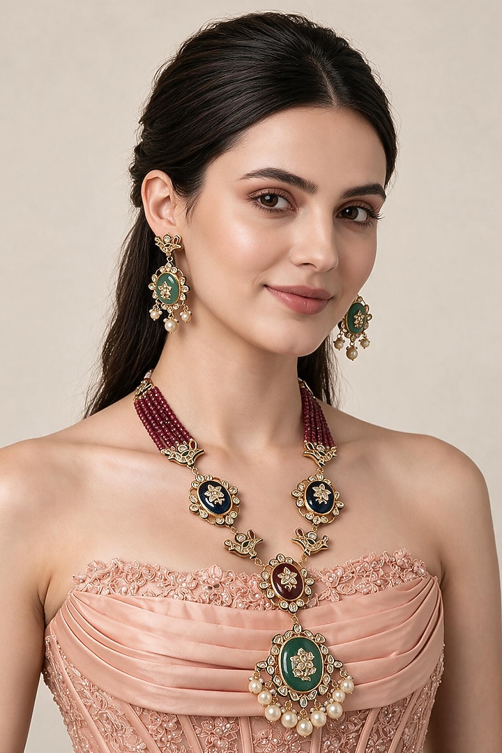 Gold Plated Kundan Polki & Multi-Colored Stone Long Necklace Set by Vivinia By Vidhi Mehra at Pernia's Pop Up Shop