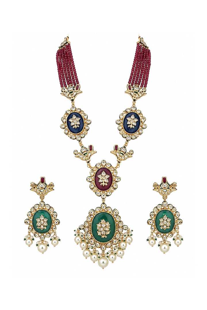 Gold Plated Kundan Polki & Multi-Colored Stone Long Necklace Set by Vivinia By Vidhi Mehra at Pernia's Pop Up Shop