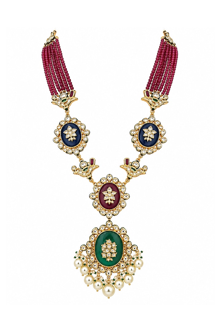 Gold Plated Kundan Polki & Multi-Colored Stone Long Necklace Set by Vivinia By Vidhi Mehra at Pernia's Pop Up Shop