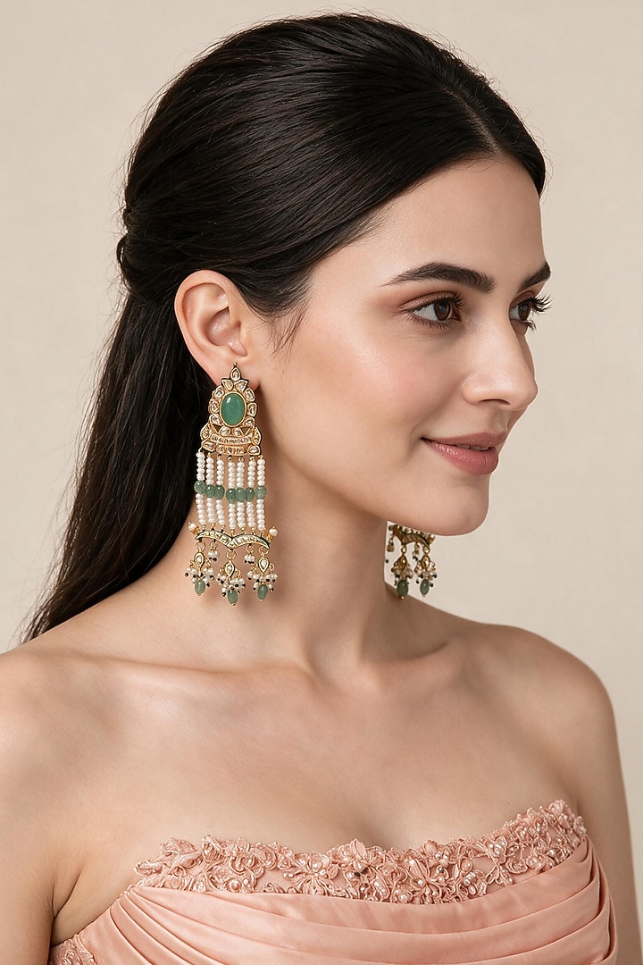 Gold Plated Kundan Polki & Sage Green Stone Statement Earrings by Vivinia By Vidhi Mehra at Pernia's Pop Up Shop