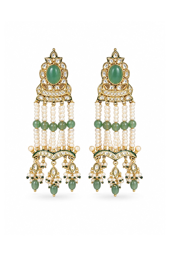 Gold Plated Kundan Polki & Sage Green Stone Statement Earrings by Vivinia By Vidhi Mehra at Pernia's Pop Up Shop