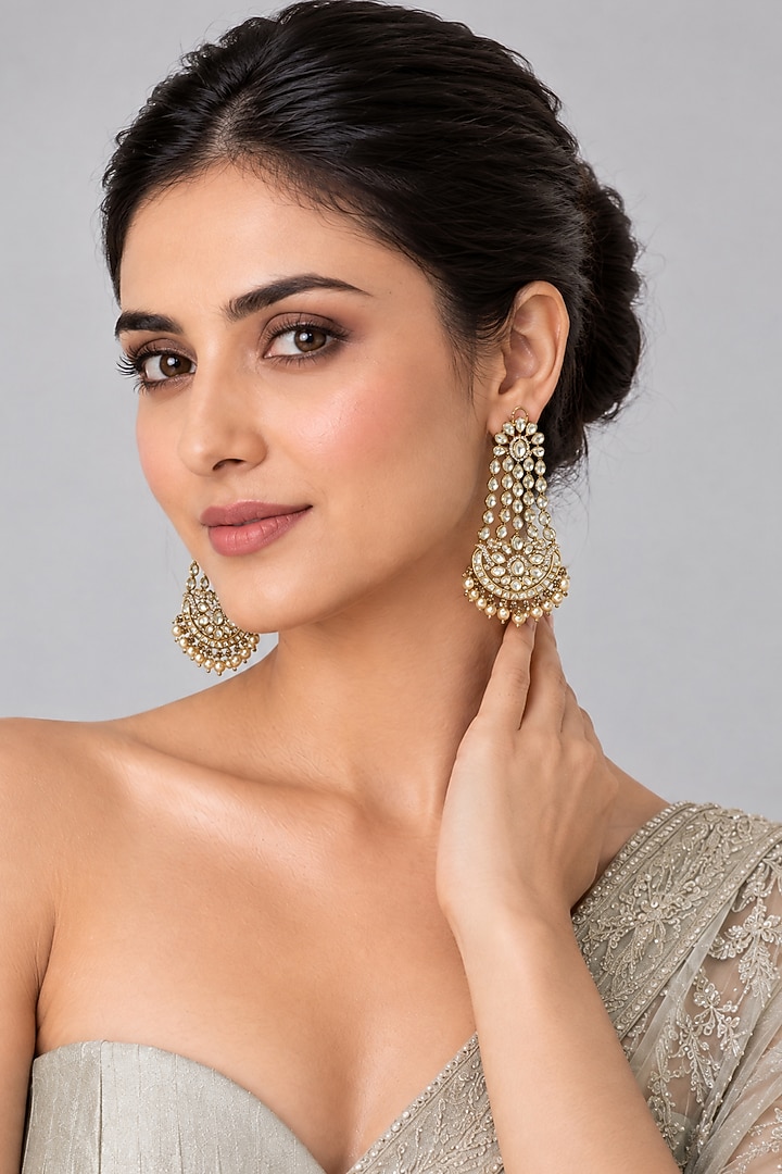 Gold Plated Kundan Polki & Pearl Statement Earrings by Vivinia By Vidhi Mehra at Pernia's Pop Up Shop