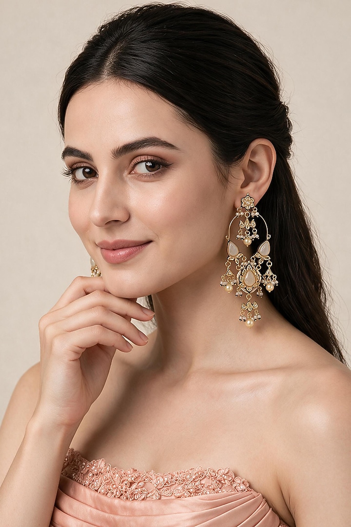 Gold Plated Kundan Polki & Pearl Statement Earrings by Vivinia By Vidhi Mehra at Pernia's Pop Up Shop