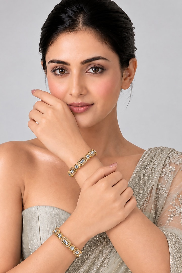 Gold Plated Moissanite Polki Bangles (Set Of 2) by Vivinia By Vidhi Mehra at Pernia's Pop Up Shop