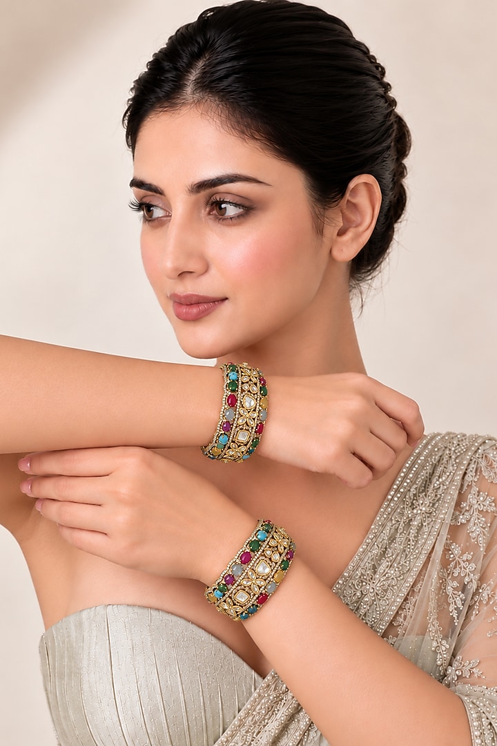 Gold Plated Multi-Colored Moissanite Polki Bangles (Set Of 2) by Vivinia By Vidhi Mehra at Pernia's Pop Up Shop