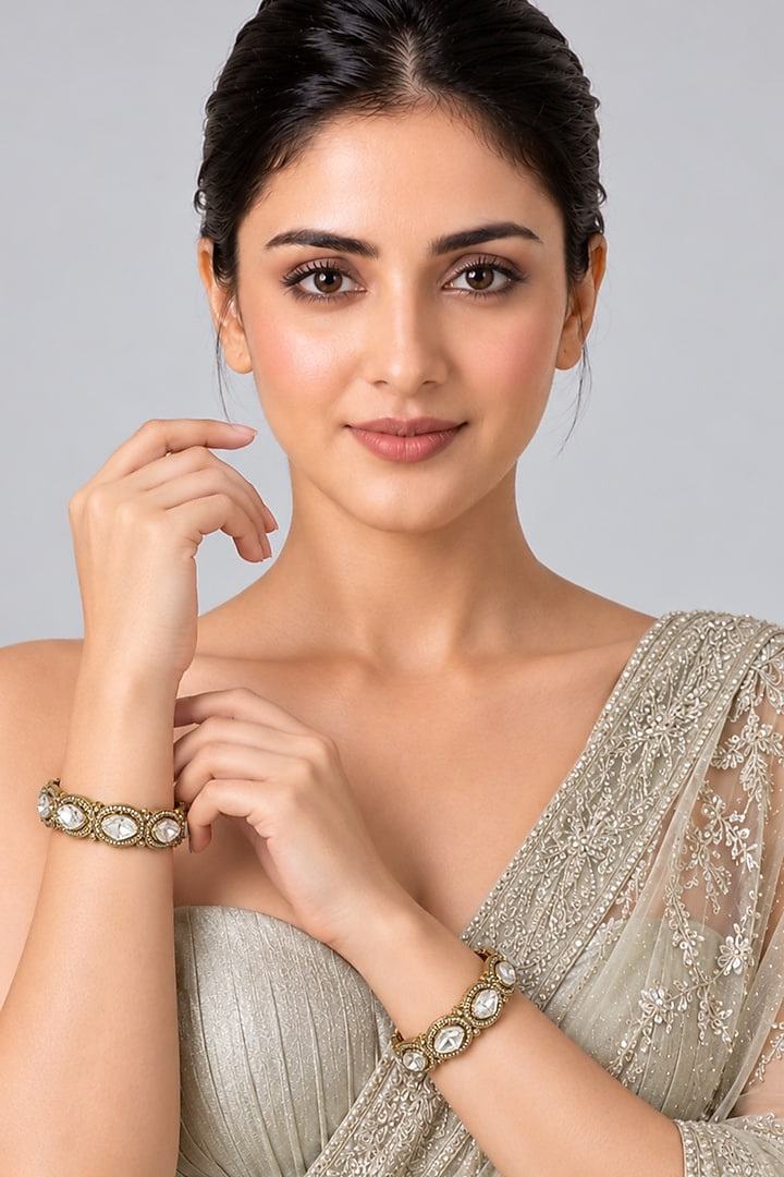 Gold Plated Pearl & Moissanite Polki Floral Bangles (Set Of 2) by Vivinia By Vidhi Mehra at Pernia's Pop Up Shop