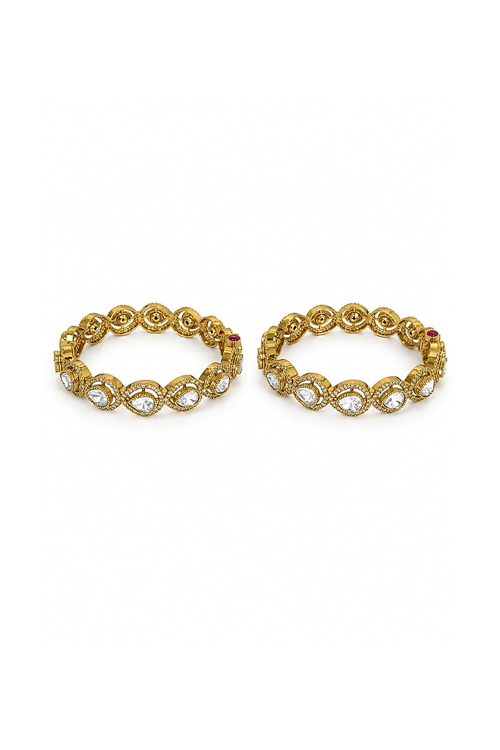 Gold Plated Crystal & Moissanite Polki Floral Bangles (Set Of 2) by Vivinia By Vidhi Mehra at Pernia's Pop Up Shop