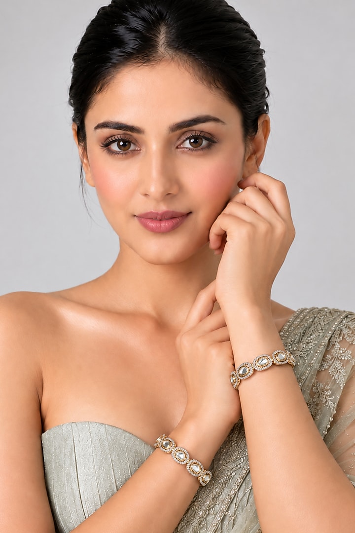 Gold Plated Moissanite Polki & Crystal Bangles (Set Of 2) by Vivinia By Vidhi Mehra at Pernia's Pop Up Shop