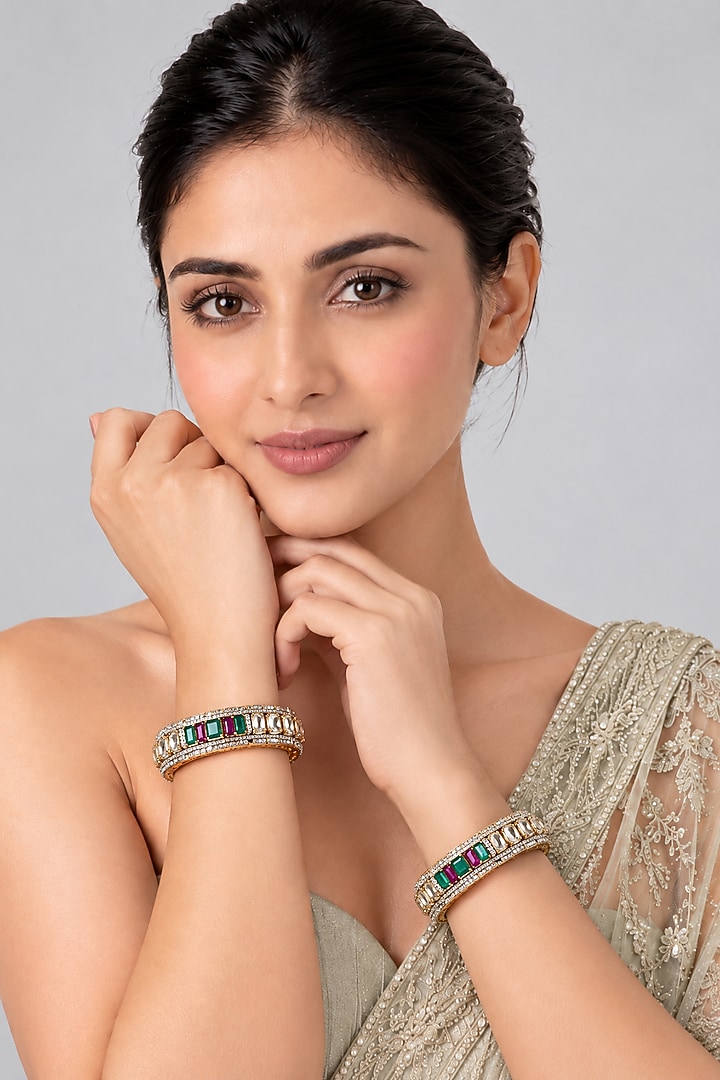 Gold Plated Multi-Colored Moissanite Polki & Crystal Bangles (Set Of 2) by Vivinia By Vidhi Mehra at Pernia's Pop Up Shop