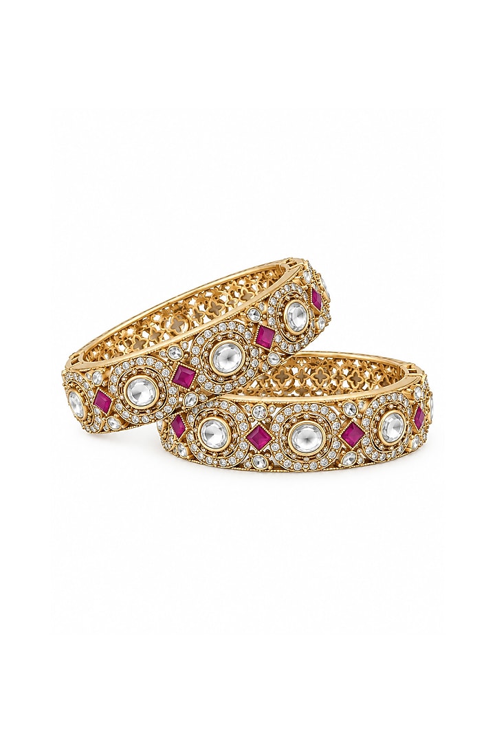 Gold Plated Moissanite Polki & Ruby Stone Bangles (Set Of 2) by Vivinia By Vidhi Mehra at Pernia's Pop Up Shop