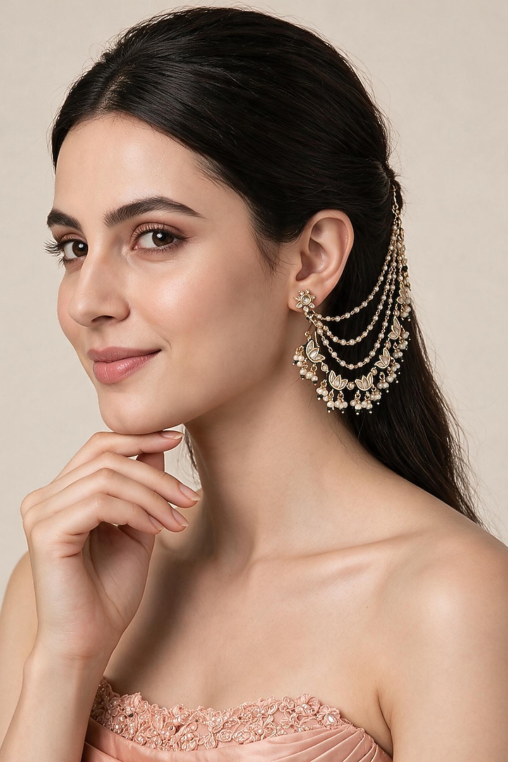 Gold Plated Kundan Polki & Pearl Earchains (Set of 2) by Vivinia By Vidhi Mehra at Pernia's Pop Up Shop