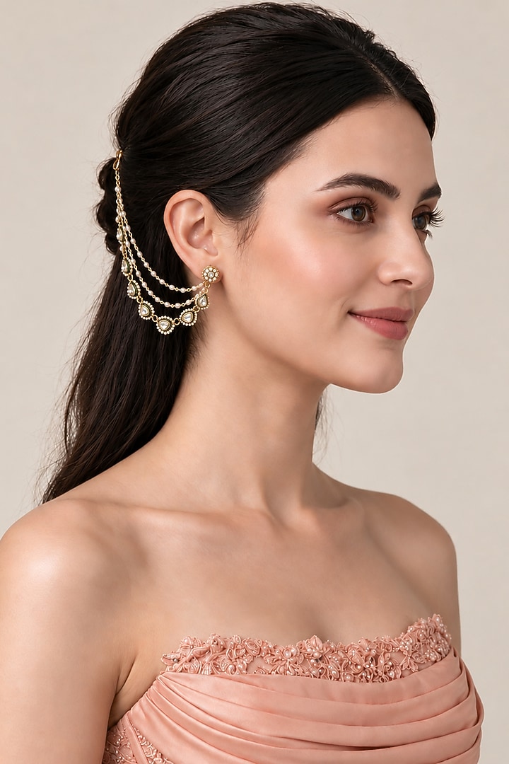 Gold Plated Kundan Polki & Pearl Earchains (Set of 2) by Vivinia By Vidhi Mehra at Pernia's Pop Up Shop