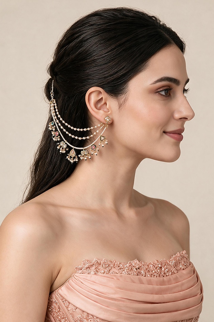 Gold Plated Kundan Polki & Pearl Earchains (Set of 2) by Vivinia By Vidhi Mehra at Pernia's Pop Up Shop