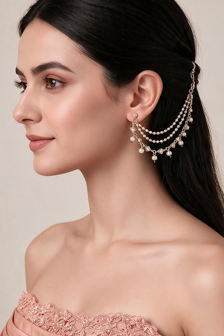 Gold Plated Kundan Polki & Pearl Earchains (Set of 2) by Vivinia By Vidhi Mehra at Pernia's Pop Up Shop