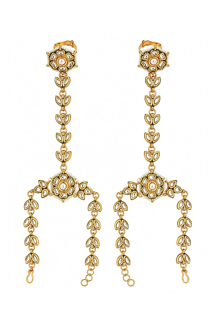Gold Plated Kundan Polki & Pearl Haathphool (Set of 2) by Vivinia By Vidhi Mehra at Pernia's Pop Up Shop