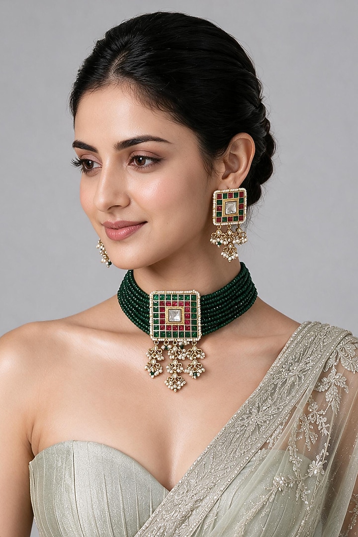 Gold Plated Kundan Polki & Green Beaded Choker Necklace Set by Vivinia By Vidhi Mehra at Pernia's Pop Up Shop