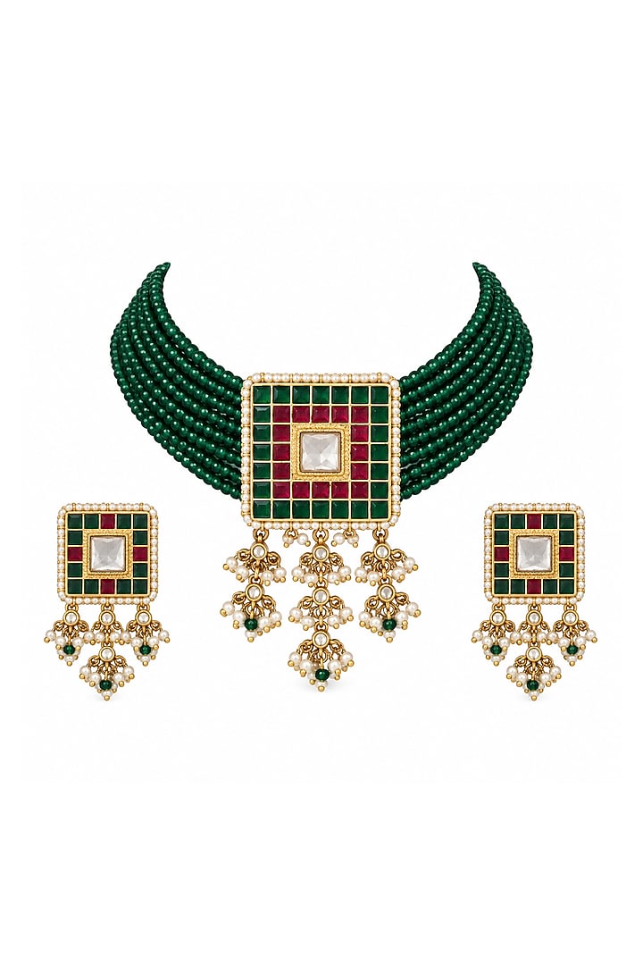 Gold Plated Kundan Polki & Green Beaded Choker Necklace Set by Vivinia By Vidhi Mehra at Pernia's Pop Up Shop