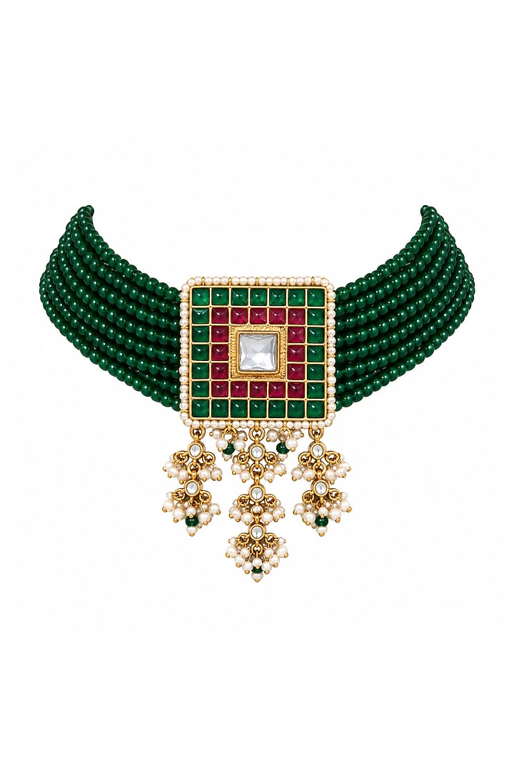Gold Plated Kundan Polki & Green Beaded Choker Necklace Set by Vivinia By Vidhi Mehra at Pernia's Pop Up Shop