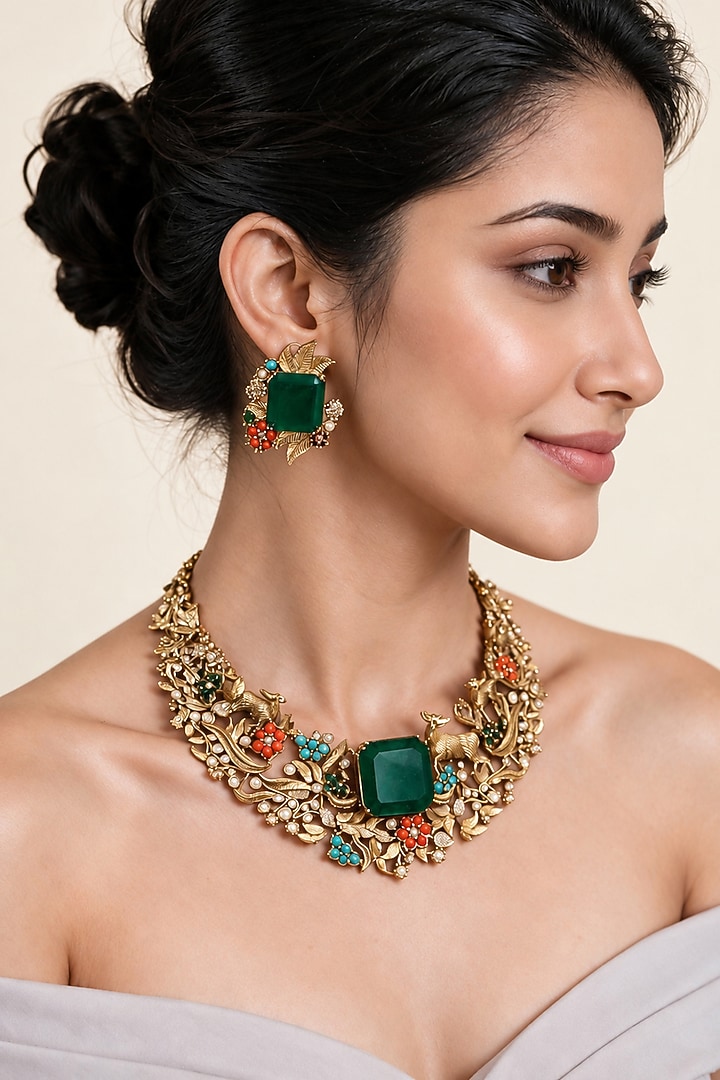 Gold Plated Green Stone Ornate Necklace Set by Vivinia By Vidhi Mehra at Pernia's Pop Up Shop