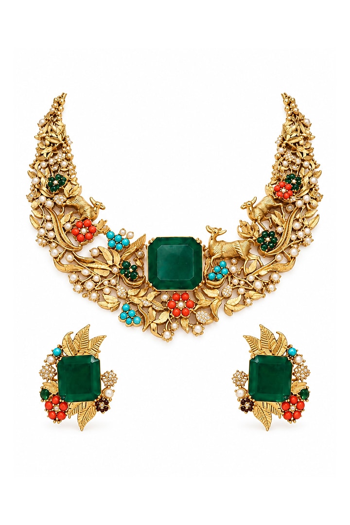 Gold Plated Green Stone Ornate Necklace Set by Vivinia By Vidhi Mehra at Pernia's Pop Up Shop