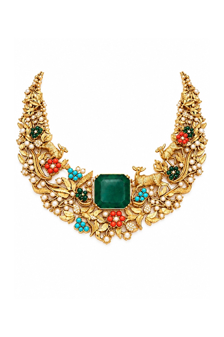 Gold Plated Green Stone Ornate Necklace Set by Vivinia By Vidhi Mehra at Pernia's Pop Up Shop