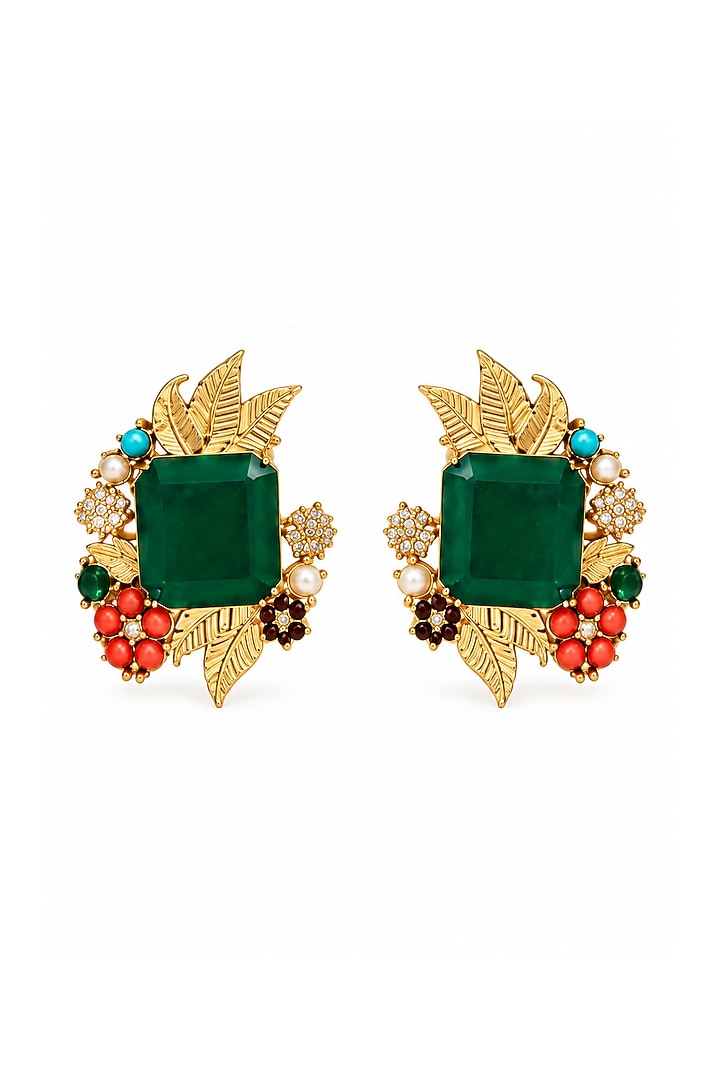Gold Plated Green Stone Ornate Necklace Set by Vivinia By Vidhi Mehra at Pernia's Pop Up Shop