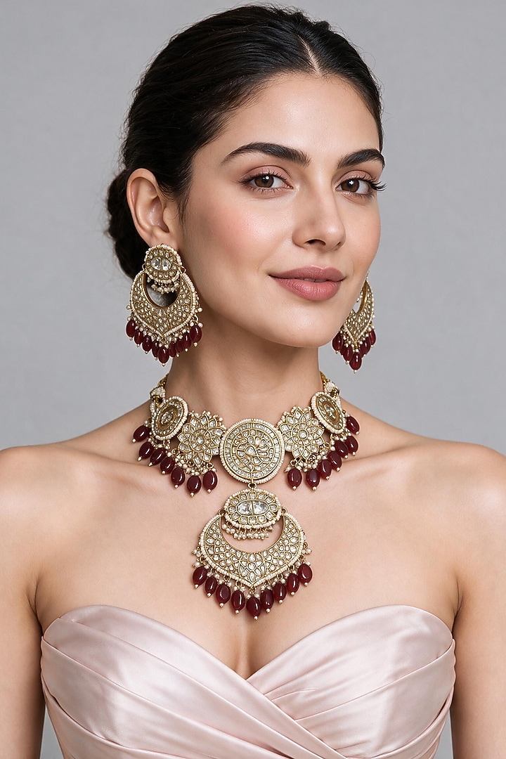 Gold Plated Kundan Polki & Deep Red Beaded Choker Necklace Set by Vivinia By Vidhi Mehra at Pernia's Pop Up Shop