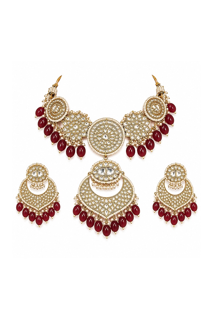 Gold Plated Kundan Polki & Deep Red Beaded Choker Necklace Set by Vivinia By Vidhi Mehra at Pernia's Pop Up Shop